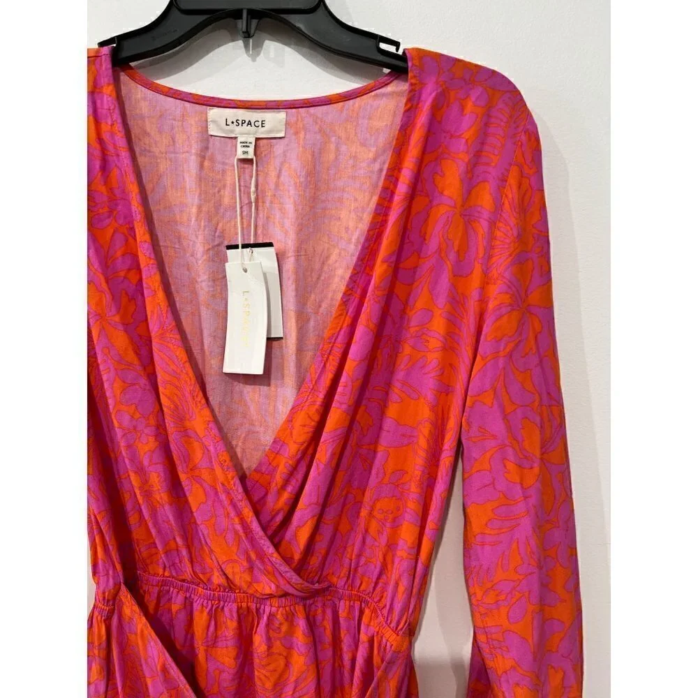 New L Space Size SM Kristy Long Sleeve Faux-Wrap Cover-Up Dress Path To Paradise